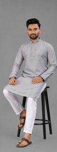 Conjunto de Kurta Pathani Largo Bordado en Seda para Hombre, Color Gris Claro, Ropa Tradicional India y Pakistaní para Bodas, Fiestas y Diwali - Product Image 2