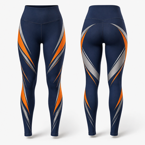 Leggings de yoga taille haute pleine longueur avec découpes, coutures contrastées, color blocking, imprimé par sublimation orange, bleu marine, gris, extensibles dans les quatre sens - Product Image 1