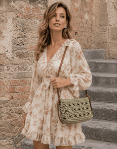 Bohemian Crochet Crossbody Bag Summer Style Flap Closure Women's <b>Mini</b> Bag Tan Woven Shoulder Purse - Product Image 5