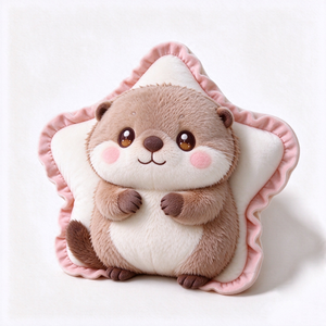 Peluche personnalisée mignonne en forme de loutre marron avec bordure à volants étoilés roses, jouet en peluche doux - Product Image 1