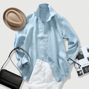 Camisa de Hombre 100% Lino Popelina con Cuello Mao, Transpirable, Manga Larga, Resistente a las Arrugas, Lavable a Máquina, Casual, con Botones - Product Image 5