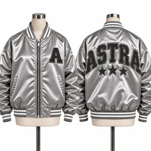 Astra <b>Sequin</b> Varsity <b>Jacket</b> <b>Men's</b> Silver Satin Zipper Closure Back Letter Design Preppy Style Autumn Wear - Product Image 3