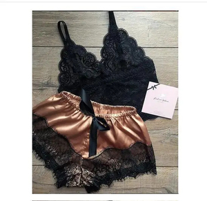 Women's 2-Piece Lace Sleepwear Set Black <b>Spaghetti</b> Strap Top Purple Satin Shorts Sexy Lounge Wear Summer Style - Product Image 6