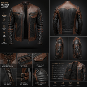 Custom Men's <b>Vintage</b> Leather Motorcycle <b>Jacket</b> Black Brown Genuine Leather <b>Biker</b> <b>Jacket</b> Quilted Lining OEM Wholesale - Product Image 4