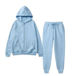 Conjunto Deportivo Unisex Azul Claro con Capucha y Cordón, Manga Larga, Color Sólido, Pantalones Casuales Transpirables de Algodón, Ropa Deportiva de Invierno - Product Image 1