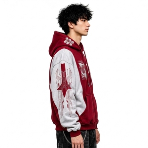 Sudadera con capucha para hombre, personalizada, con hombros caídos, bloques de color, 100% algodón/felpa, con cremallera, estampado geométrico, estilo urbano, corte regular, para invierno - Product Image 2