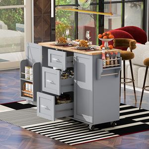 Carrello da cucina a 3 cassetti con 2 ripiano scorrevole a 2 ripiani per cucina a isola in gomma blu grigio ripiano interno per riporre le spezie torre - Product Image 3
