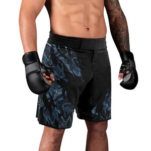 Men's Black Blue Floral Print Sport Nogi BJJ Gym Shorts Breathable <b>Canvas</b> Drawstring Closure Front Stripe Pockets Elastic Waist - Product Image 3