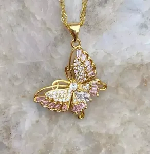 Collier pendentif papillon en argent sterling plaqué or, avec breloque de luxe en moissanite rose, bijou de mode pour femme, cadeau de fête - Product Image 3
