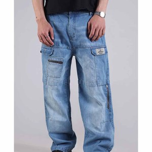 Pantalon cargo en jean pour homme, coupe ample, taille mi-haute, bleu délavé, style streetwear décontracté avec fermetures éclair et poches, style automne - Product Image 1