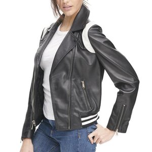 Chaquetas de mujer RTS recién llegadas con logotipo personalizado en blanco y negro, chaqueta vintage para invierno, abrigo de cuero elegante, chaqueta bomber genuina. - Product Image 4