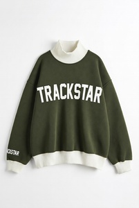 Sudadera Oversize Verde Oliva para Mujer con Cuello Alto Simulado y Estampado Trackstar en Bloques de Color Crema - Product Image 2