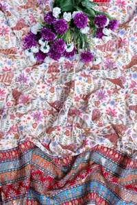 Tela Crepé Natural Blanca con Estampado Floral Buta y Borde Ornamental Pesado para Material de Vestido Kurti, Prenda Étnica - Product Image 4