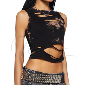 Women's Summer Logo 100% Cotton Stretchable <b>Distressed</b> Crop <b>Top</b> Breathable Eco-Friendly Quick Dry - Product Image 1