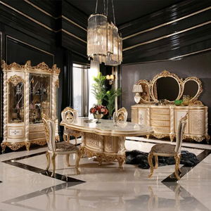 Ensemble de table à manger royale classique de luxe en teck massif sculpté avec plateau brillant, style européen, mobilier de salle à manger pour hôtel et villa - Product Image 6