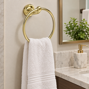 Porte-serviette rond moderne en laiton poli avec plaque arrière circulaire lisse, accessoire mural haut de gamme pour salle de bain et hôtel - Product Image 2