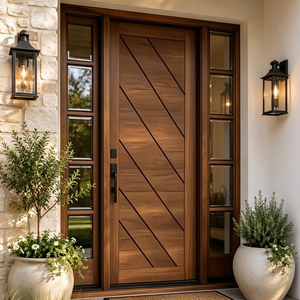 Porte d'entrée contemporaine en bois massif avec panneaux latéraux en verre, finition extérieure, style battant GA-37L - Product Image 1