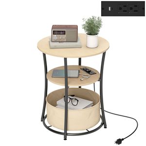 Natural Wood 3-Tier <b>Round</b> <b>Side</b> <b>Table</b> with Charging Station Fabric Storage Bag and Shelf As Coffee <b>Table</b> - Product Image 1