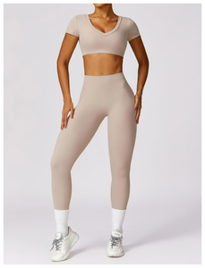 2 Piece Yoga Set Square Neck Long Sleeve Crop Top High Waist Full Length <b>Leggings</b> Seamless Racerback Sport Wear - Product Image 4
