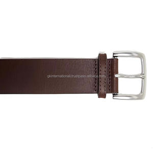 Ceinture en cuir classique marron de haute qualité pour homme, pour jeans ou pantalon, avec boucle en laiton argenté mat solide - Product Image 3