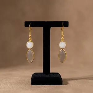 White Moonstone & Smoky Quartz Dangle <b>Earrings</b> Gold Plated Brass Marquise Round Natural Gemstone Jewelry Wholesale - Product Image 1