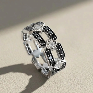 Bague de cocktail géométrique double rangée en diamant noir naturel de luxe pour mariage, anniversaire, fiançailles, en argent sterling 925 - Product Image 4
