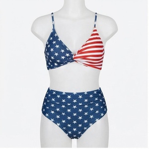 Conjunto de bikini de 2 piezas con estampado de bandera americana para mujer, top de cintura alta con nudo, traje de baño de poliéster y spandex - Product Image 1