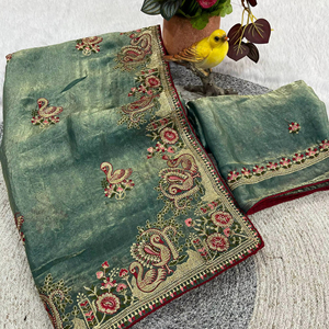 Sari en soie satinée de qualité supérieure – Broderie Jari de créateur avec motif cygne et bordure à passepoil - Product Image 1