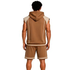 Ensemble de survêtement personnalisé pour homme, beige camel, sans manches, avec capuche, logo personnalisé, pour la gym, le fitness, l'entraînement sportif, sweat-shirt et short, vêtements de sport - Product Image 2