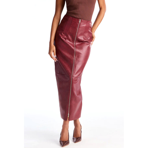 Faldas y Pantalones de Cuero Borgoña para Mujer, Cintura Alta, Cierre Frontal Completo, Falda Larga Tipo Lápiz, Corte Ajustado, Ropa de Club, Ropa Urbana - Product Image 1