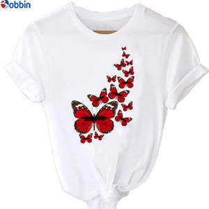 เสื้อยืดผู้หญิงสไตล์เซ็กซี่หวาน พิมพ์ลายดอกกุหลาบและผีเสื้อ ทรงหลวม ระบายอากาศได้ดี เสื้อยืดพิมพ์ลายกราฟิกแขนสั้น มีหลายขนาด - Product Image 1