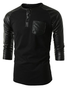 Camisa Casual de Cuero Negra para Hombre con Cuello Mandarín, Manga de Cuero Tres Cuartos, Color Sólido, Bolsillo de Cuero con Parche, para Otoño - Product Image 1