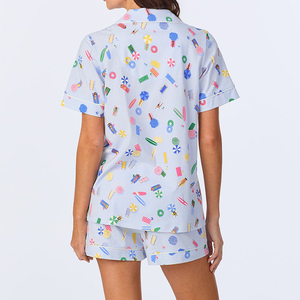 Conjunto de Pijama Corto de Algodón para Mujer, Pijama de Manga Corta de 2 Piezas con Botones y Ribete Estampado - Product Image 4
