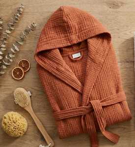 Bata de Baño con Capucha de Muselina, 4 Capas, 100% Algodón, Color Terracota, Unisex, para Adultos, Bata de Spa, Transpirable, Suave y Lujosa - Product Image 1