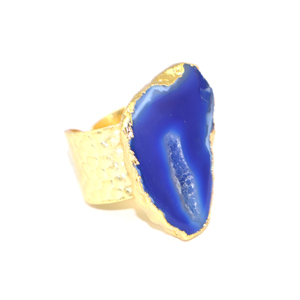 Modern Style Natural Blue Geode Druzy 18KGold Plated Crocodile Texture Big Band <b>Adjustable</b> <b>Ring</b> In Brass Metal Jewelry For Women - Product Image 2