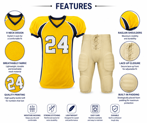 Ensemble d'uniformes de football américain respirants personnalisés, marque personnalisée, jaune marine, 24 polyester, unisexe, vêtements de sport pour adultes - Product Image 2