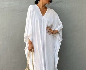 Robe Kaftan pour femmes en coton 100% avec dentelle florale imprimée, longueur genoux, manches 3/4 - Style vintage, coupe ample, douce et respirante - Product Image 1