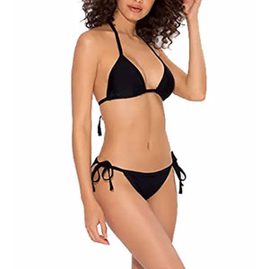 Women's Black Bikini Set <b>Crossed</b> Halter <b>Top</b> Tie Side Bottoms Spandex/Nylon Stretch Floral Regular Fit Econex Sports Quick Dry - Product Image 5