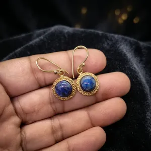 Boucles d'oreilles pendantes en laiton et lapis-lazuli naturel, bijoux artisanaux en pierres précieuses - Product Image 4