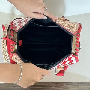 Sac Speedy en cuir de vachette marbré rouge et blanc, modèle Western Cowgirl, moyen, 11 pouces, sac à main bandoulière, sac de voyage, best-seller premium - Product Image 6