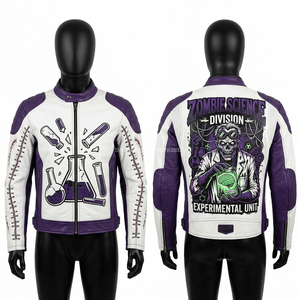 Chaqueta de cuero para motociclista con estampado gráfico de calavera de zombie 'Brain Eater', bicolor morado y gris, estilo urbano protector - Product Image 5