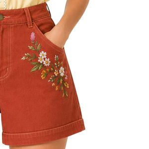 Custom Rust Red Floral Embroidered <b>Women</b> High Waist Denim Shorts Casual Summer Cotton Stretch <b>Jean</b> Shorts Custom Logo Apparel - Product Image 4