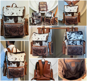 Sac à dos élégant en cuir de vachette à motif occidental en fourrure de vache sculpté à la main Sacs d'école unisexe Beau sac de créateur Sac multi-usage - Product Image 4