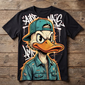 T-shirt pour homme style vintage streetwear avec imprimé de canard de dessin animé, manches courtes, col rond, impression DTF, coupe ample, 100% coton, noir et turquoise - Product Image 4