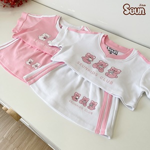ชุดเสื้อครอปและกระโปรงลายหมีสำหรับเด็กผู้หญิง SeunKids ผ้าคอตตอนริบถัก 100% สำหรับใส่หน้าร้อน ราคาโรงงาน - Product Image 1
