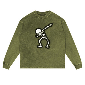 Dabbing <b>Skeleton</b> Long Sleeve T-Shirt Unisex Crew Neck 100% Cotton Loose Fit All Seasons Green Pattern Front Print - Product Image 5