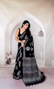 Sari indien traditionnel en coton pour femmes, avec imprimé à carreaux et motifs floraux, design long jusqu'au sol, pour les occasions de mariage, toutes saisons - Product Image 4