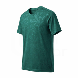 T-shirt à manches courtes pour homme, vert foncé, motif floral gaufré, col rond, coupe classique, tissu tissé décontracté - Product Image 4