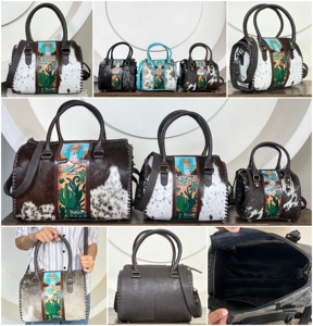 2026 Fashionable Hand <b>Tooled</b> Genuine Cowhide <b>Leather</b> Duffel Bag Cactus Pattern Hair On <b>Leather</b> Vintage Weekender Bag for Unisex - Product Image 3