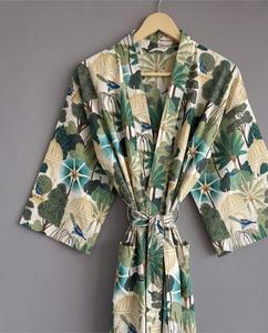Nouvelle Arrivée Robe Kimono Femme en Coton Pur à Imprimé Floral, Manches Trois-Quarts, Coupe Ample, Enroulée sur le Devant, Ceinturée, Longue, Tissée - Product Image 4